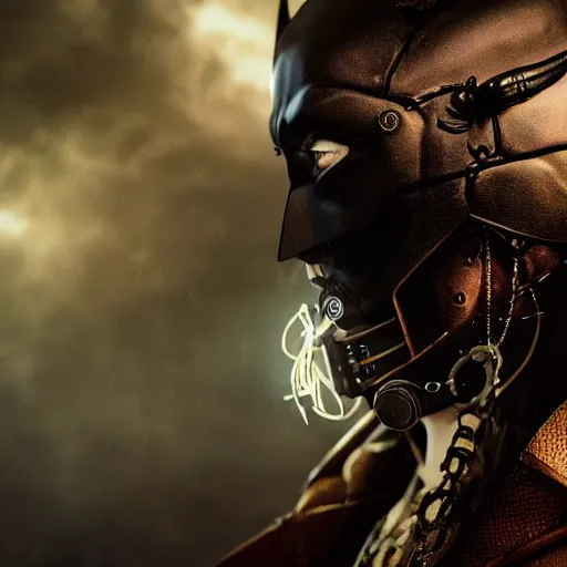 Image similar to epic portrait of a steampunk batman, movie still, cinematic, beautiful lighting, beautiful composition, illustration, digital matte painting, D&D, fantasy, intricate