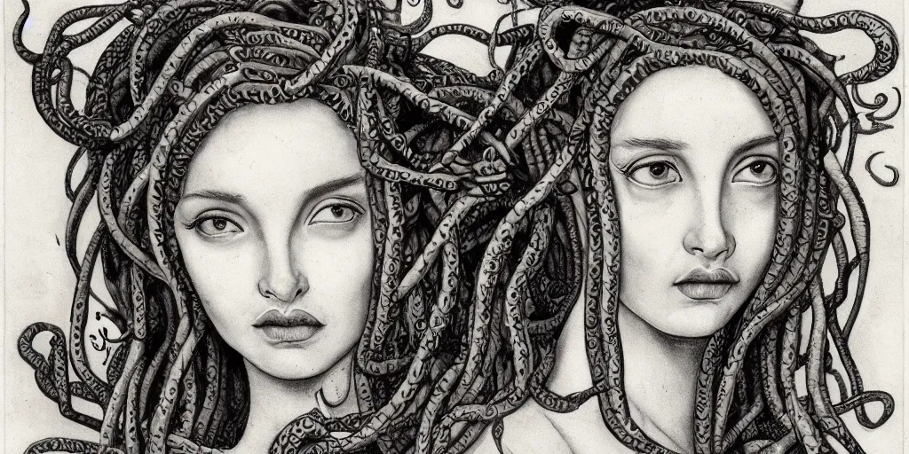 Image similar to realistic portrait of a beautiful medusa with her snakes in the hair, 1450, ink, ultra realistic, 8k