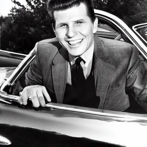 Prompt: Photograph of Bobby Rydell singing on the hood of a 1950s Cadillac