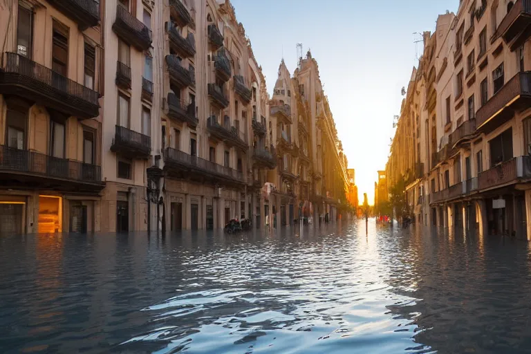 Image similar to views of catastrophic barcelona's downtown covered with high water, global warming, floating cars, sunset lighting, photo real