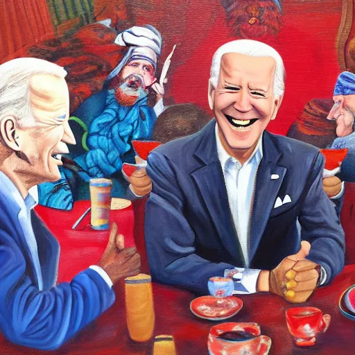 Prompt: a painting of joe biden laugh in tea party with taliban, ultra detailed content : face, gesture, body, mimic. random position content, frontal realistic, sharp focus, intricate, dynamic composition, rgb colors, remove duplicate contents.