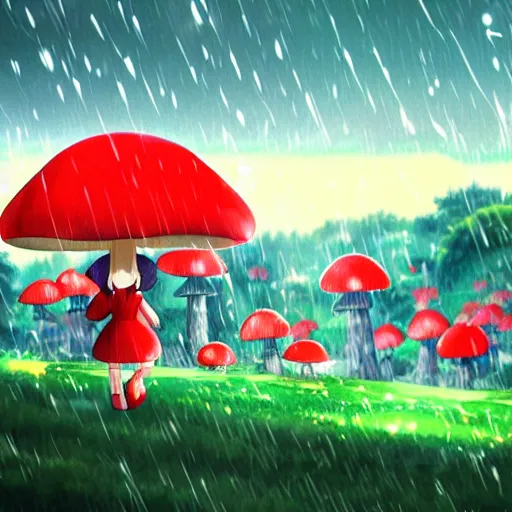 Image similar to beautiful anime girl walking in rainy mushroom village at night, super mario style, red and white spotted mushroom houses, geometric mountains in distance, landscape, anime key visual, digital art, anime screenshot, kyoto animation, makoto shinkai, trending on artstation