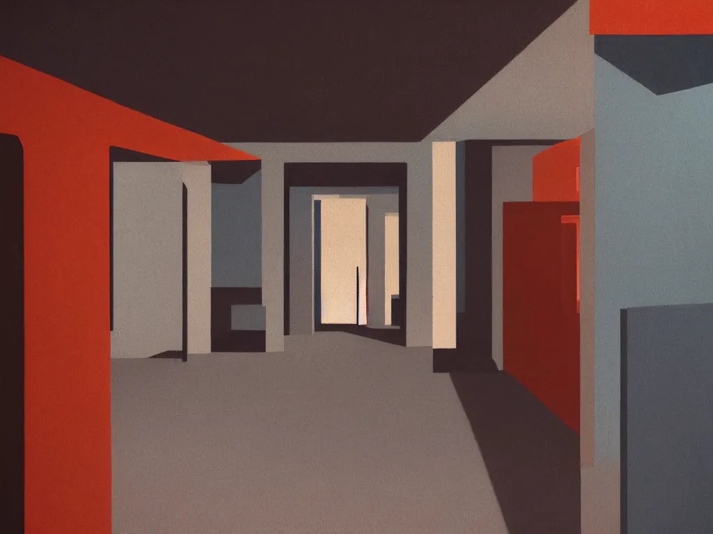 Image similar to primal colors minimalist industrial interior hallway with monolithic pillars in the style of ridley scott and stanley kubrick, impossible stijl architecture, science fiction, bauhaus, lone silhouette in the distance, ultra wide angle view, cinematic, god rays, volumetric lighting, neo tokyo, realistic detailed painting by edward hopper