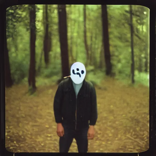 Image similar to man wearing a ghost face mask in the woods, 8 0 s, polaroid, disposable film, 8 mm