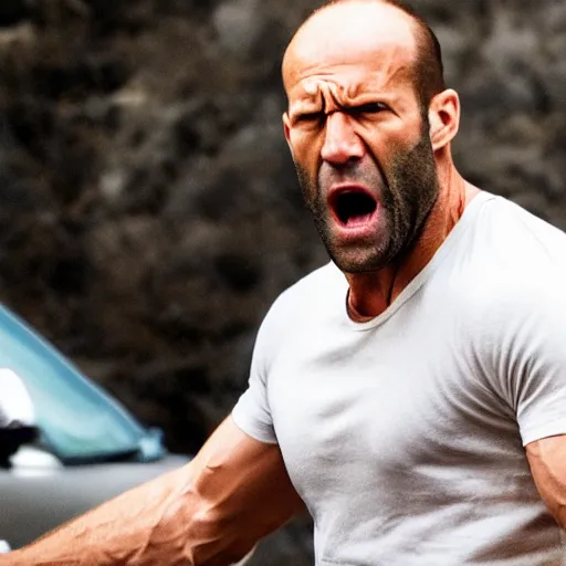 Image similar to ultra realistic professional photo of Jason Statham yelling at a lemon