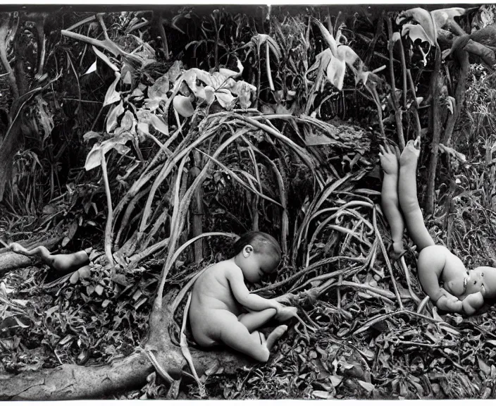 Prompt: the cyclical theory of becoming, dissolution and interdependence between the world of nature and human events by Anne Geddes, Henri Cartier-Bresson