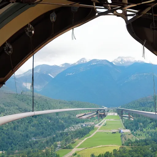 Image similar to the bridge of a military zeppelin's gondola, with a view to a mountain valley outside