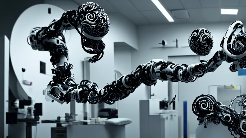 Image similar to a complex bifurcated robotic cnc surgical arm hybrid mri 3 d printer machine making swirling black and white ceramic mandlebulb mutant forms in the laboratory inspection room, film still from the movie directed by denis villeneuve with art direction by salvador dali, wide lens, f 3 2, cinematic lighting, studio quality, smooth render, unreal engine 5 rendered, octane rendered