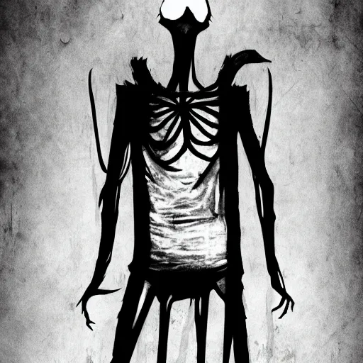 Image similar to skinny and slender monster, long arms and legs, visible veins, dark face, black & white, horror, creepy, resident evil, silent hill