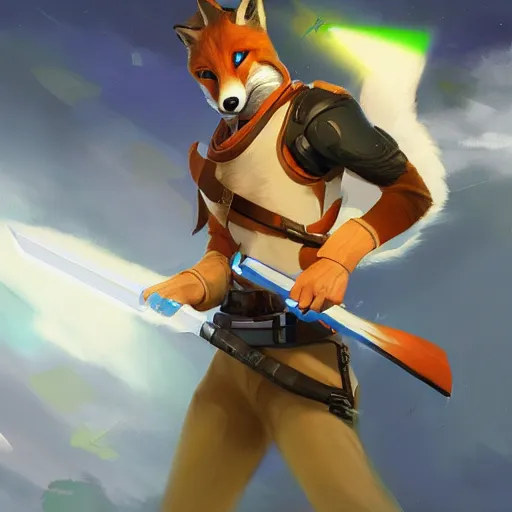 Image similar to a portrait of fox mccloud holding a lazer sword, artstation, gregory manchess, greg rutkowski, 8 k highly detailed, cinematic, rim lighting, award winning, furry art, furaffinity, emotional