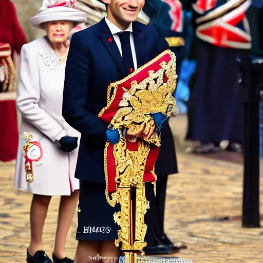 Prompt: Emmanuel Macron dressed as the queen of england, 50mm photography, high quality, 4K