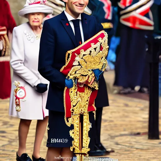 Emmanuel Macron dressed as the queen of england, 50mm | Stable Diffusion