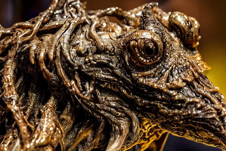 Image similar to photo taken of an epic intricate, ultra detailed, super realistic sculpture of a wet, slimy, nightmarish hellish demonic trllobite creature on display in a workshop, created by weta workshop, zoomed in shots, photorealistic, sharp focus, f 0. 4, face centred, macro photography, golden ratio, golden hour