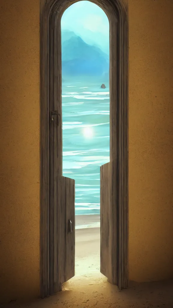 Image similar to a door to another dimension stands alone on a beach in the style of michael whelan, hyperrealistic, photorealistic, concept art, trending on artstation, digital illustration, cinematic lighting, 4 k, ultra hd, beautiful colors, highly detailed, octane render, unreal engine 5