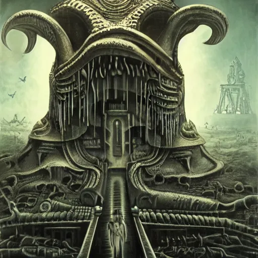 Image similar to Moloch, whose mind is pure machinery, eerie, sinister, horror, illustrated by Anne Stokes and H R Giger and Adrian Borda, super detailed, 4k, 8k