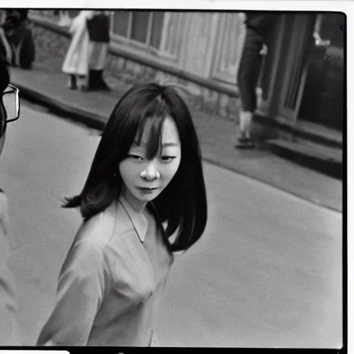 Image similar to 1960s press archive of the actress Choi Eun-Hee and director Shin Sang-ok coming out of a car, faces obscured, Reuters, 35mm film, film grain, mysterious exterior, underexposed