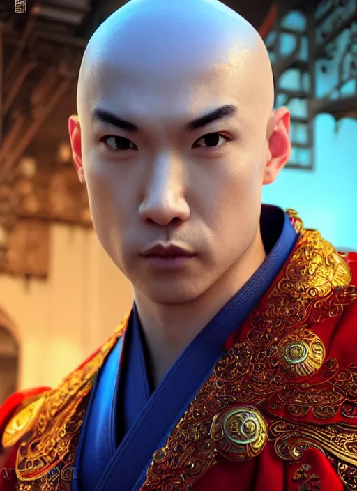 Image similar to bald male martial artist with a high ponytail!!!! asian facial features and blue eyes!! intricate ornate blue robes!! character concept art, sharp focus, octane render! unreal engine 5! highly rendered!! trending on artstation!! detailed linework!! illustration by artgerm, wlop, and chie yoshii