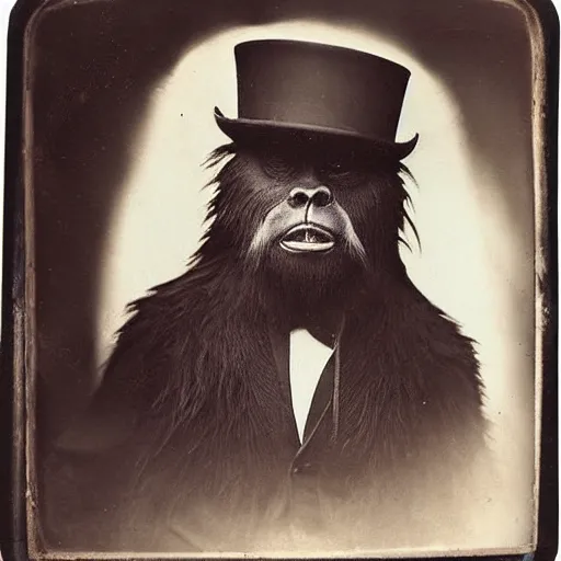Prompt: a vintage wet plate portrait of a dignified bigfoot with a top hat and cane, extremely detailed, by edward s. curtis!!!!!!!!!!!!!!!!!!