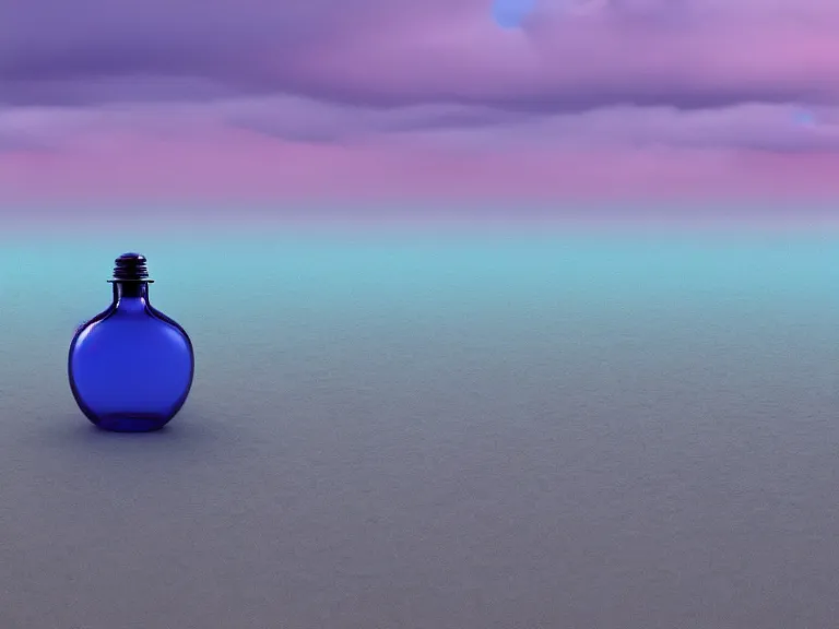 Image similar to perfume bottle standing on lilpadss in a deep blue frosted pond ; mute dramatic colours, soft blur outdoor stormy sea background, dramatic, mid day, sand dune background, soft lilac skies, large scale, hyperrealistic, lots of detail, realistic lighting, octane render, by wlop, artgerm, trending on artstation