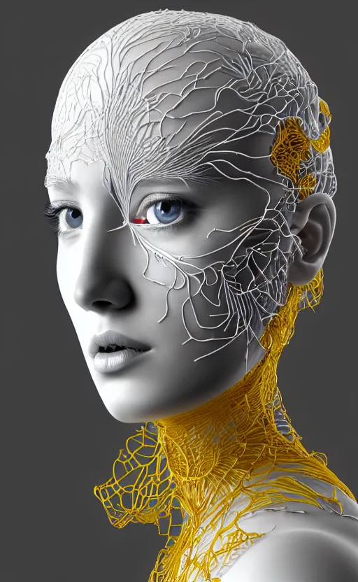 Image similar to complex 3d render ultra detailed of a beautiful porcelain profile woman face, hazel eyes, vegetal dragon cyborg, 150 mm, beautiful natural soft light, rim light, silver black details, magnolia big yellow infrared leaves and stems, roots, fine lace, maze like, mandelbot fractal, anatomical, facial muscles, cable wires, microchip, elegant, white metallic armor, octane render, black and white, H.R. Giger style