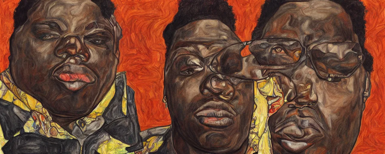 Image similar to a portrait of biggie smalls in style of egon schiele, masterpiece, hyperdetailed, complex, intricate, 4 k, trending on artstation