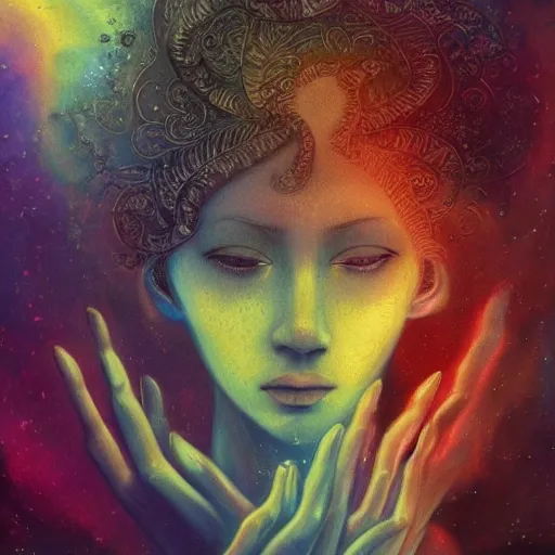 Image similar to beautiful detailed artistic portrait of a person travelling between different astral planes. consciousness is a different type of energy. grainy and rough. fine detail. soft colour scheme. artistic painting by lurid ( 2 0 2 2 ). featured on deviantart.