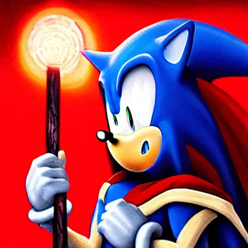 Image similar to red headed woman dressed in dark blue wizard robes holding a wooden staff covered in glowing red runes topped with a glowing gem. sonic the hedgehog stands beside her background of snowy mountains. fantasy painting.