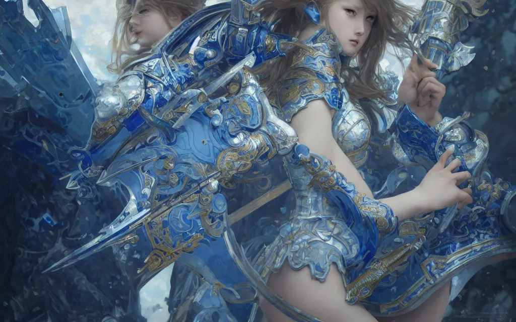 Prompt: knights of zodiac girl, chinese blue and white porcelain reflected armor, fight cinematic shot, in ruined agora of athens, ssci - fi and fantasy, intricate and very very beautiful and elegant, highly detailed, digital painting, artstation, concept art, smooth and sharp focus, illustration, art by tian zi and wlop and alphonse mucha