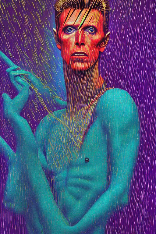 Image similar to 8 0 s art deco close up portait of david bowie, rain like a dream oil painting curvalinear clothing cinematic dramatic cyberpunk textural fluid lines otherworldly vaporwave interesting details fantasy lut epic composition by basquiat zdzisław beksinski james jean artgerm rutkowski moebius francis bacon gustav klimt