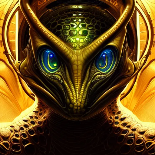 Prompt: hyper advanced alien evolved from crocodile, sci fi, glowing eyes, volumetric lights, gold theme, art nouveau botanicals, intricate, highly detailed, digital painting, artstation, concept art, smooth, sharp focus, cinematic, illustration, beautiful face, art by artgerm and james gurney and alphonse mucha