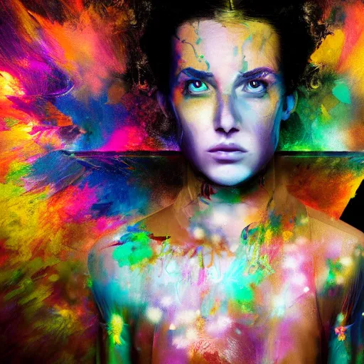 Image similar to improbability, octane render, portrait made of paint, splashes of colors, comic book art