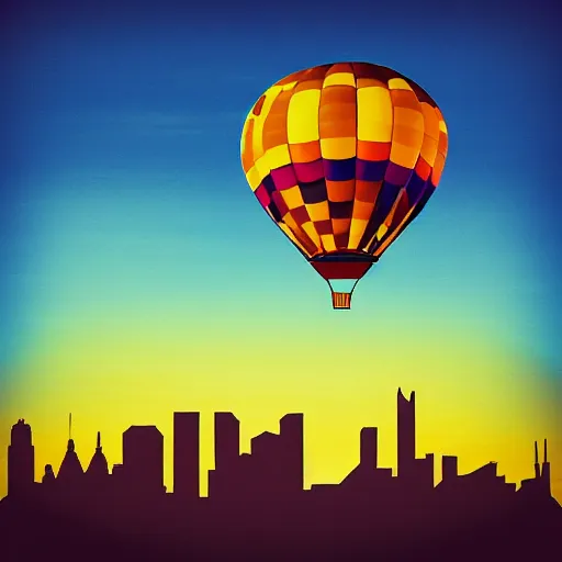 Prompt: hot air balloon floating over a city at sunset, lofi album cover art