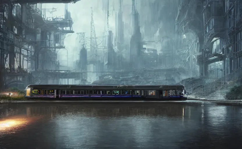 Image similar to An urban train rides inside of a waterway on a fantasy city, hyperrealistic mixed media, stunning 3d render inspired art by P. Craig Russell and Barry Windsor-Smith + perfect facial symmetry + dim volumetric lighting, 8k octane beautifully detailed render, post-processing, extremely hyperdetailed, intricate futuristic mechanic parts, epic composition, grim yet sparkling atmosphere, cinematic lighting + masterpiece, trending on artstation