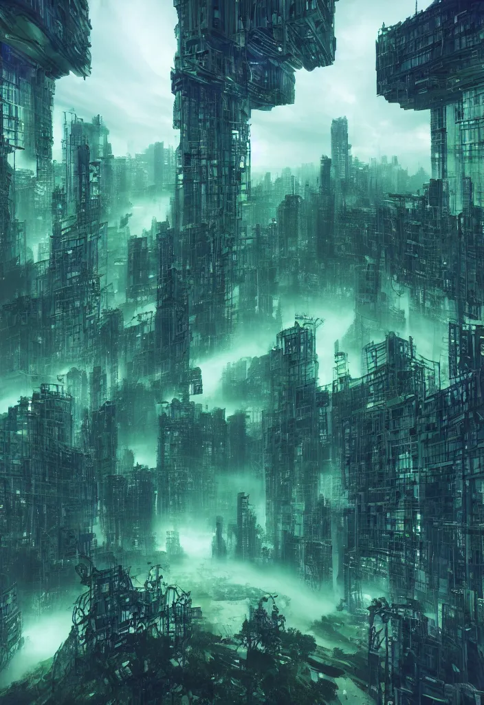 Prompt: many green wormholes opening over the top of a vast megacity, cybergothic, rain, pollution, volumetric light, rendered in octane, ray tracing on epic settings, epic scale, epic scene