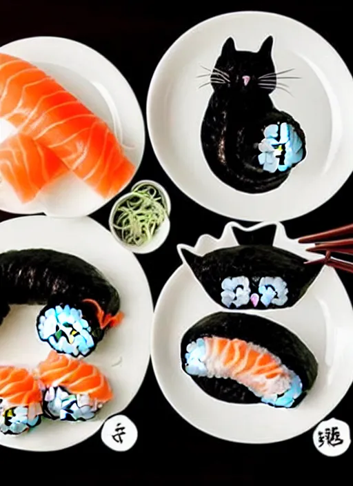 Prompt: clear photorealistic picture of adorable cats made out of sushi, sitting on sushi plates, additional sushi