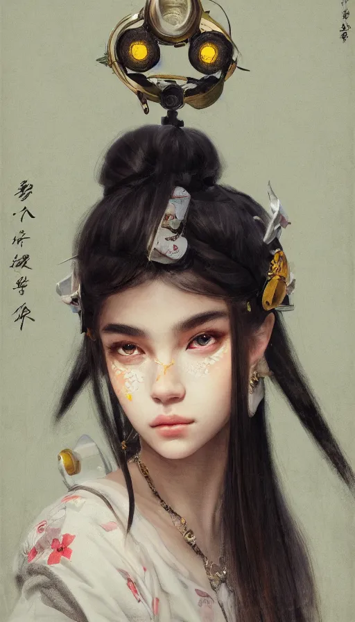 Image similar to madison beer, detailed portrait young gangster lolita, amazing beauty, visor, neon tattoo, styled hair, decorated traditional japanese ornaments by carl spitzweg, ismail inceoglu, vdragan bibin, hans thoma, greg rutkowski, alexandros pyromallis, perfect face, fine details, realistic shaded