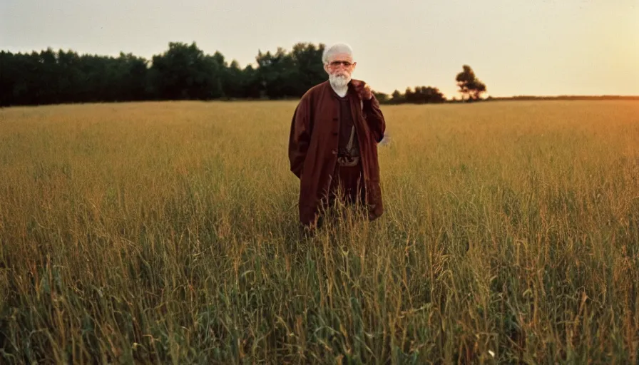 Image similar to cinematic movie still of an old man in a northwest new jersey in field, cinestill 8 0 0 t 3 5 mm eastmancolor, heavy grain, high quality, high detail, golden hour, warm light