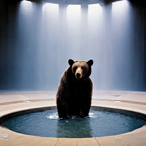 Image similar to a bear in a fountain in an empty mall, high resolution photograph, paul nicklen, atmospheric lighting