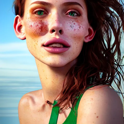 Image similar to portrait of a cute thin young woman, bronze brown hair, eye color is emerald green, red blush, cute freckles, smug smile, modern clothes, relaxing on the beach, golden hour, close up shot, 8 k, art by irakli nadar, hyperrealism, hyperdetailed, ultra realistic