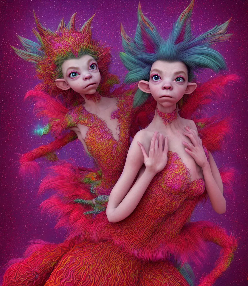 Image similar to hyper detailed 3d render like a Oil painting - kawaii portrait of two Aurora (a beautiful girl skeksis muppet fae princess protective playful expressive acrobatic from dark crystal that looks like Anya Taylor-Joy) seen red carpet photoshoot in UVIVF posing in scaly dress to Eat of the Strangling network of yellowcake aerochrome and milky Fruit and His delicate Hands hold of gossamer polyp blossoms bring iridescent fungal flowers whose spores black the foolish stars by Jacek Yerka, Ilya Kuvshinov, Mariusz Lewandowski, Houdini algorithmic generative render, golen ratio, Abstract brush strokes, Masterpiece, Edward Hopper and James Gilleard, Zdzislaw Beksinski, Mark Ryden, Wolfgang Lettl, hints of Yayoi Kasuma and Dr. Seuss, octane render, 8k