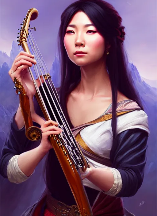 Prompt: a _ fantasy _ style _ portrait _ painting _ of asian female charismatic bard playing instrument, rpg dnd oil _ painting _ unreal _ 5 _ daz. _ rpg _ portrait _ extremely _ detailed _ artgerm _ greg _ rutkowski _ greg