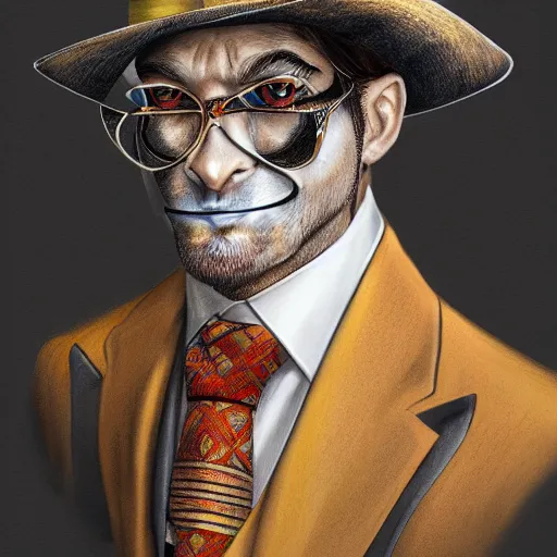 Image similar to a upper body portrait of a deer lord in a pinstriped suit and pants wearing a fedora with the antlers sticking out of the fedora by artgerm and wlop, intricate detail, digital art, photorealistic, trending on artstation