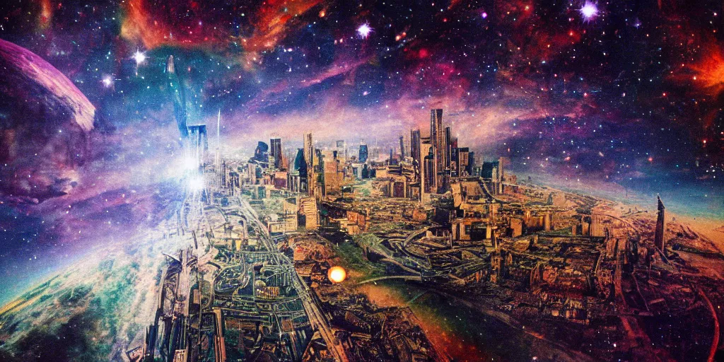 Image similar to vintage color photo of cosmic London broken physics skyrise vista, microscopy, singularity, f22, ISO 100