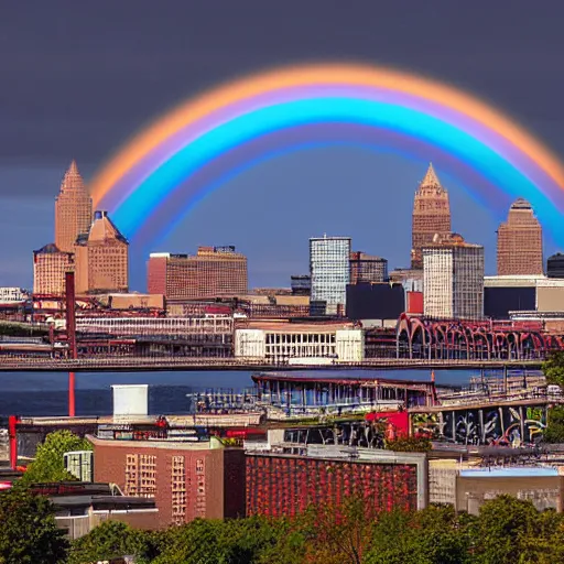 Image similar to landscape of cleveland skyline by Shepard Fairey, concept art, photo realistic, high resolution, contrast, colorful, rainbow