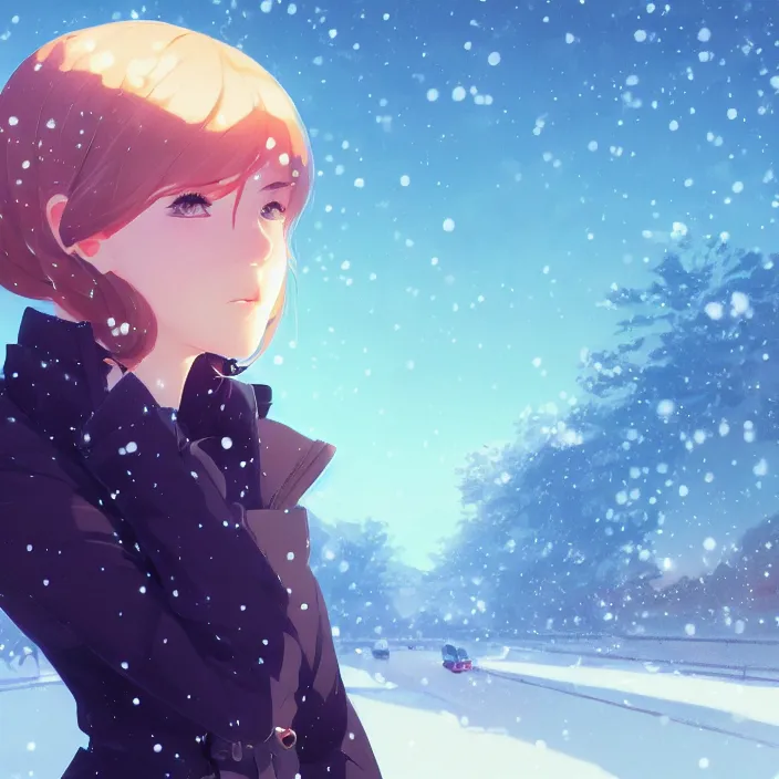 Prompt: portrait of a beautiful girl, snow landscape background, ambient lighting, dynamic lighting, 4 k, hq, official media, anime key visual, makoto shinkai, ilya kuvshinov, lois van baarle, rossdraws, detailed, trending on artstation