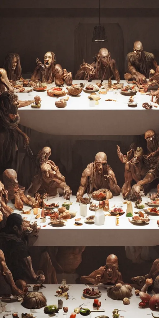 Image similar to !13 hungry cannibals making a rich salad around a marble table, !positioned as last supper cinematic lighting, dramatic framing, highly detalied, 4k, artstation, by Rene Lalique and Wayne Barlowe