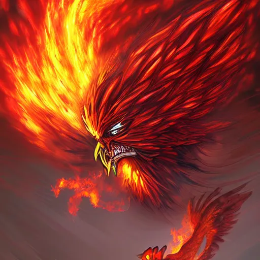 Prompt: angry phoenix bursting apart into a large fireball to burn human bandit enemies, digital painting, dramatic lighting, deviantart contest winner