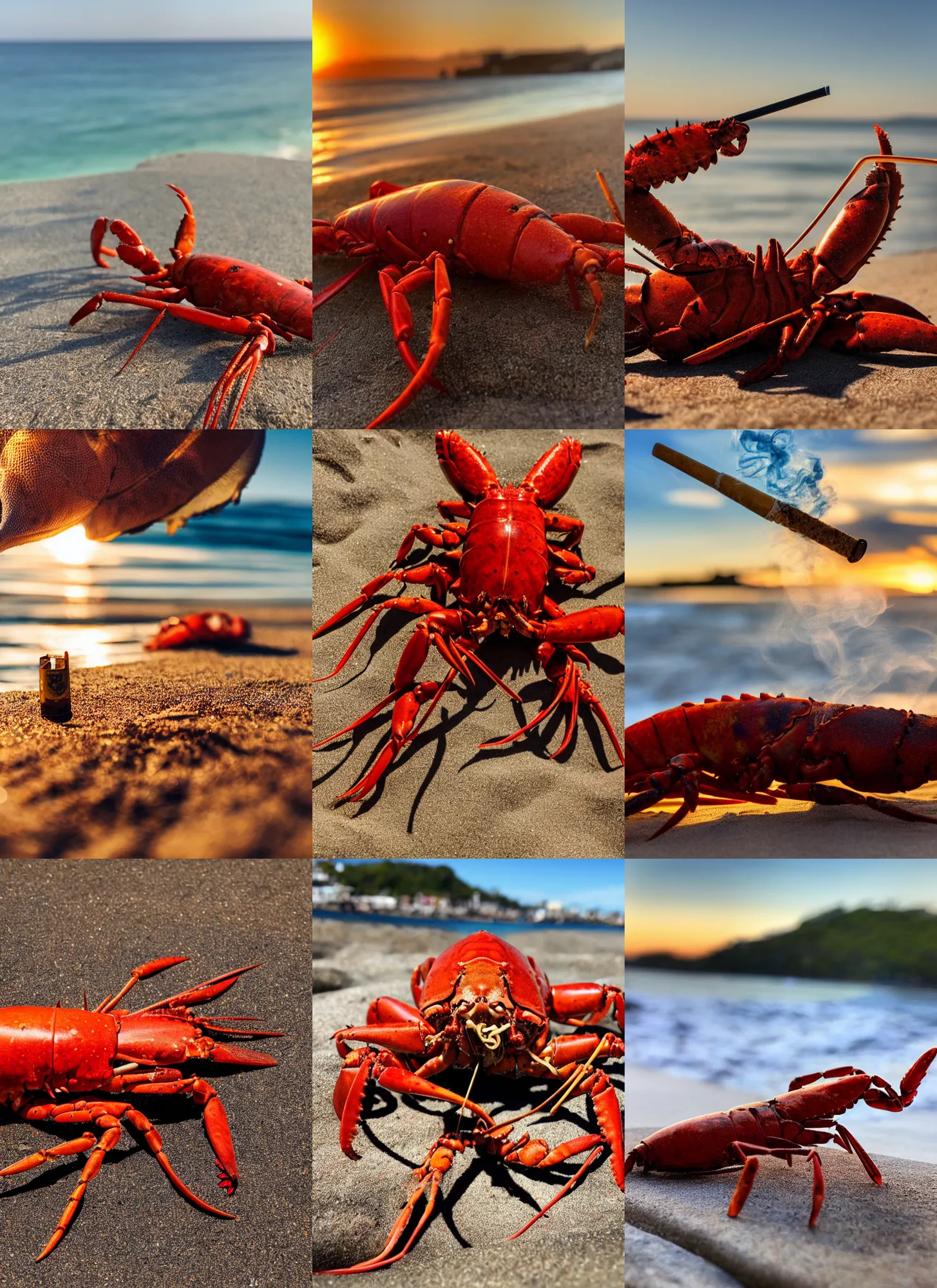 Prompt: close-up photo of a lobster sunbathing and smoking a joint at the beach, golden hour, Breathtaking, 8k resolution, extremely detailed, beautiful, establishing shot, artistic