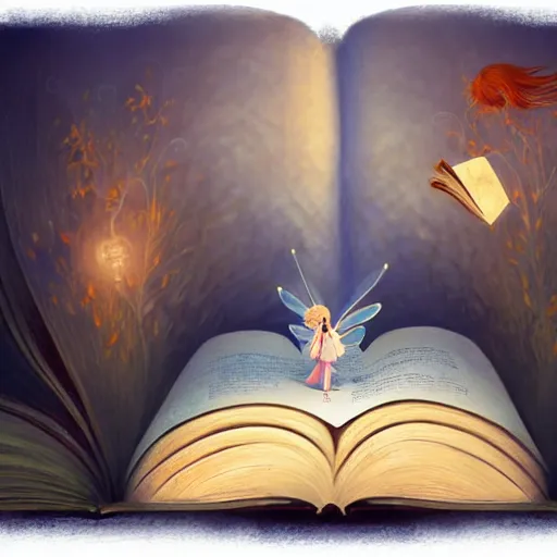 Prompt: you can see a big old open book in close - up. above the book floats a small sweet fairy, digital painting, fantasy art, ultra realistic, 4 k
