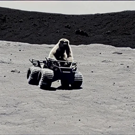 Prompt: photo of gorilla riding an atv on the moon